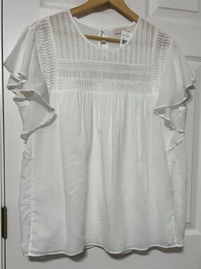 STITCH By Chenault White Cotton Pintuck Flutter Sleeve Blouse NWT Women’s XL